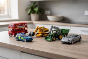 Kind spielt mit buntem Spielzeugfahrzeug und Actionfiguren auf dem Wohnzimmerteppich.