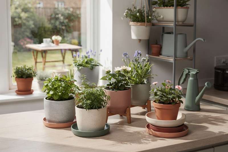 Gärtnerin befüllt einen Terracotta-Topf mit Blumenerde für eine neue Pflanze.