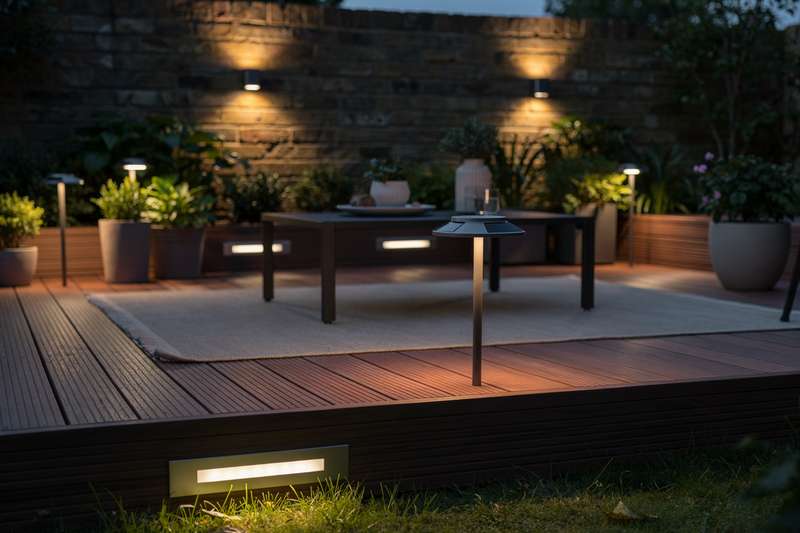 Frau sitzt am Abend auf der Terrasse unter warmweißen Lichtern und genießt einen Drink mit Freunden.