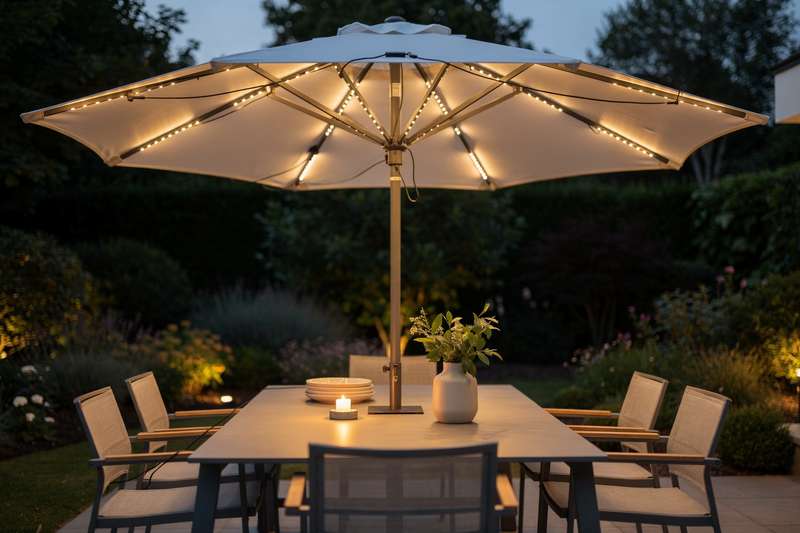 Familie sitzt abends unter einem beleuchteten Sonnenschirm auf der Terrasse und genießt das warme Licht.
