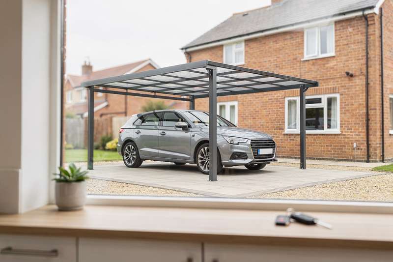 Carport aus Holz schützt parkendes Auto vor Regen und Sonneneinstrahlung auf der Einfahrt.