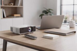 Redner präsentiert vor Publikum und nutzt einen roten Laserstrahl zur Hervorhebung von Inhalten auf der Projektionsfläche.