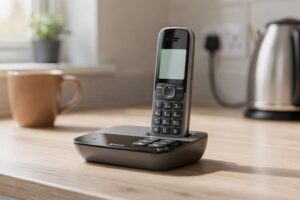 Eine Person hält ein modernes schnurloses Haustelefon in der Hand und bedient die Tasten während eines Telefonatgesprächs im...
