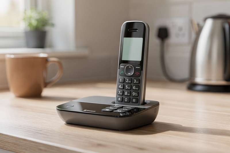 Eine Person hält ein modernes schnurloses Haustelefon in der Hand und bedient die Tasten während eines Telefonatgesprächs im...