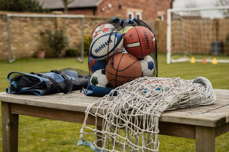 Trainer lädt mehrere Sportbälle in ein praktisches Ballnetz zum Transport zum Trainingsplatz.
