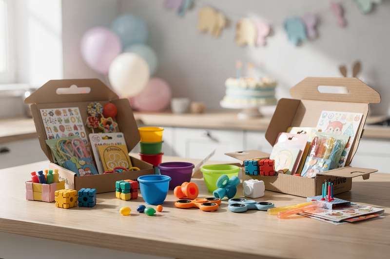 Kind packt bunte Kleinigkeiten und Spielzeuge in eine Geschenktüte als Mitgebsel für Kindergeburtstag.