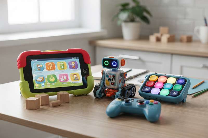 Kind sitzt konzentriert auf dem Teppich und spielt mit einem leuchtenden elektronischen Spielzeug in den Händen.