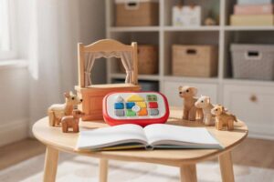 Kind sitzt auf dem Boden und erzählt konzentriert mit Spielfiguren eine Geschichte.