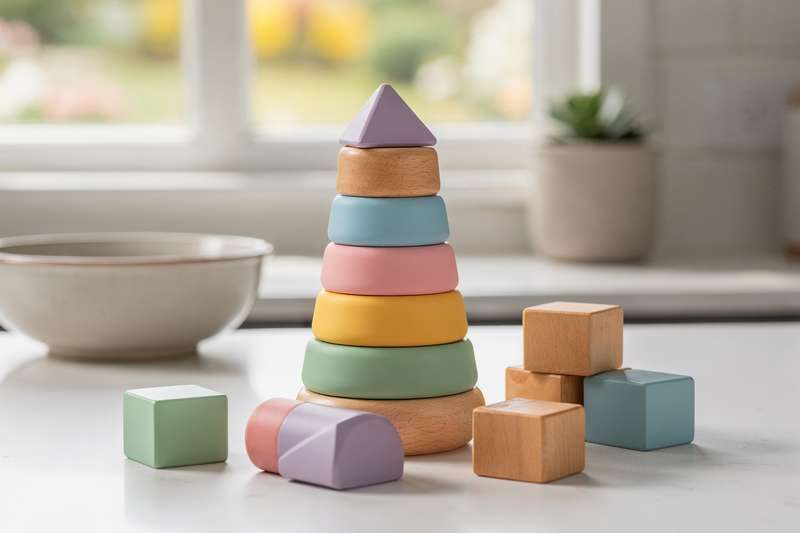 Kleines Kind stapelt bunte Holzblöcke konzentriert übereinander auf einer hellen Spielmatte.
