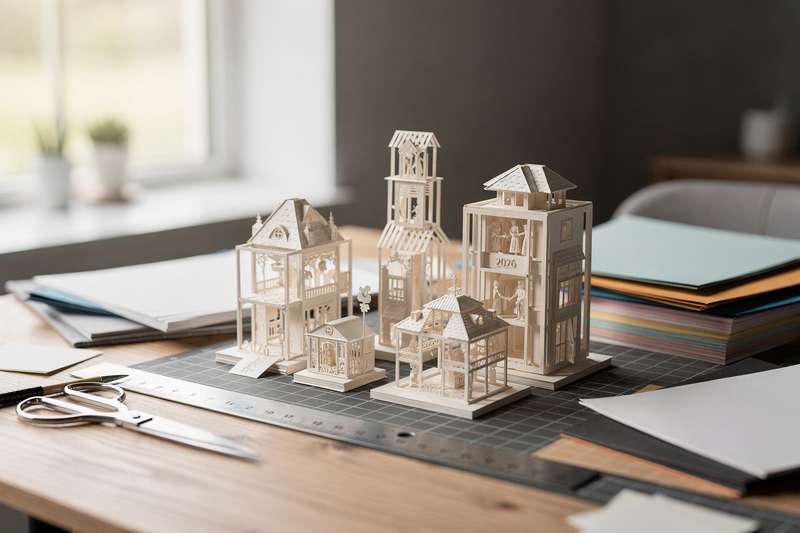 Hände bauen konzentriert ein mehrdimensionales Papierskulptur-Modell nach Anleitung eines Bastelkalenders zusammen.