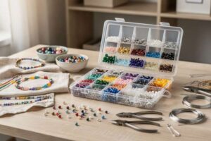 Hände fädeln bunte Perlen auf eine Schnur und gestalten dabei ein eigenes Schmuckstück.