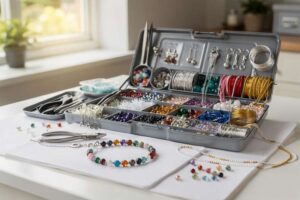 Hände arrangieren farbige Perlen und Schmuckelemente auf einer Arbeitsfläche neben offenen Bastelmaterialien.