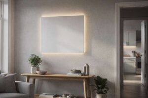 Moderne hinterleuchtete Wandbilder in verschiedenen Designs hängen in einem gemütlichen Wohnzimmer mit warmem Licht.