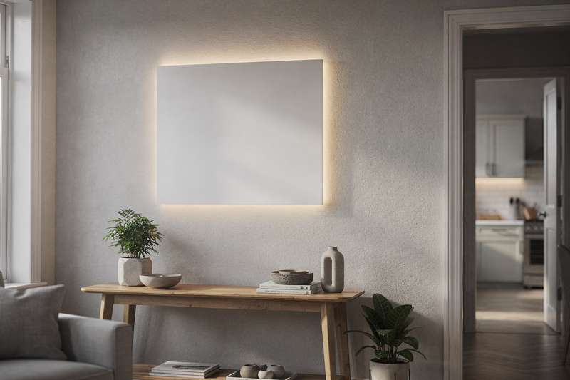 Moderne hinterleuchtete Wandbilder in verschiedenen Designs hängen in einem gemütlichen Wohnzimmer mit warmem Licht.