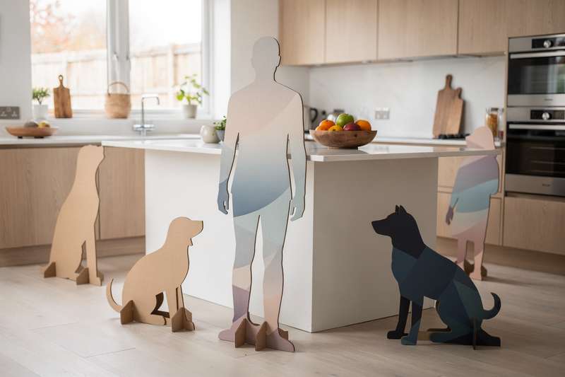 Junge Frau positioniert einen Pappaufsteller mit Filmstar-Motiv im Wohnzimmer neben ihrer Couch.