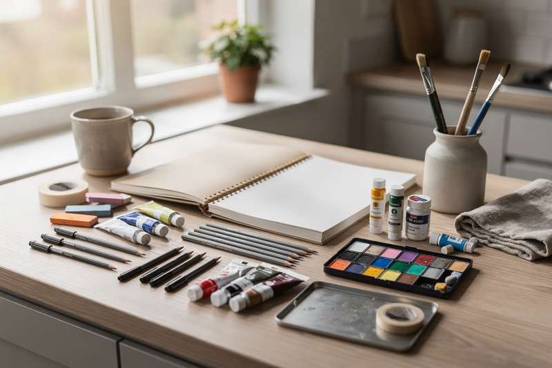 Künstler arbeitet konzentriert mit verschiedenen Materialien wie Farben, Stiften und Papier an einem kreativen...