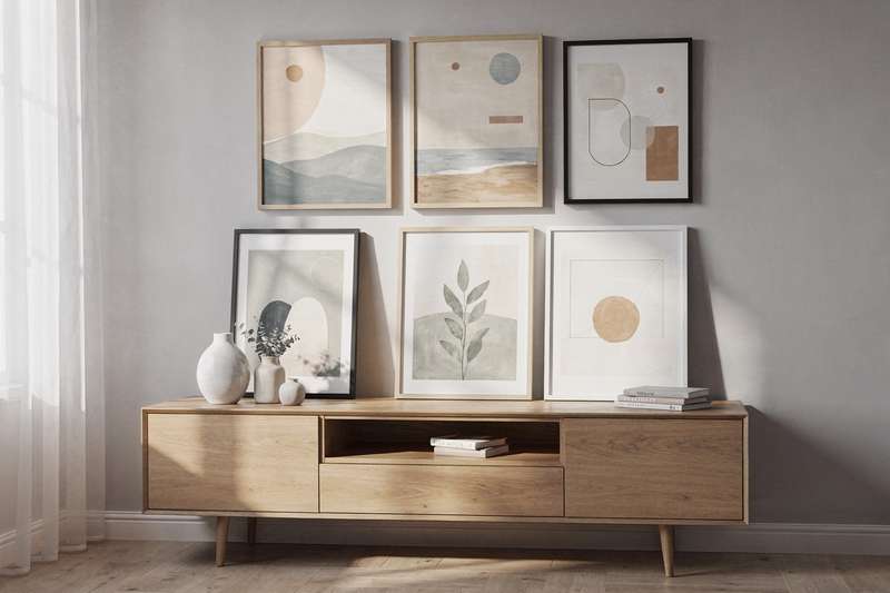 Frau hängt ein modernes Wandgemälde in minimalistischem Stil an eine helle Wohnzimmerwand auf.