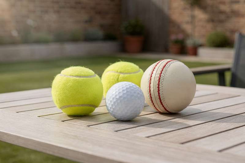 Verschiedene Sportbälle aus Golf, Tennis und Cricket liegen nebeneinander auf grünem Rasen.