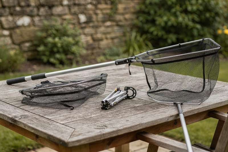 Angler beim Landen eines Fisches mit einem praktischen Kescher am Ufer eines Gewässers.