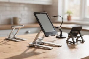 E-Reader steht aufgeklappt auf einem praktischen Ständer, während eine Person entspannt daneben sitzt.