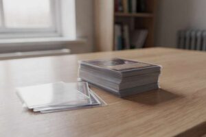 Verschiedene bunte Kartenhüllen aus Kunststoff mit Trading Cards darin, gestapelt und nebeneinander angeordnet.