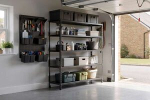 Ordnungsgemäß organisierte Garage mit Metallregalen an der Wand und strukturiertem Lagersystem für Werkzeuge und Materialien.