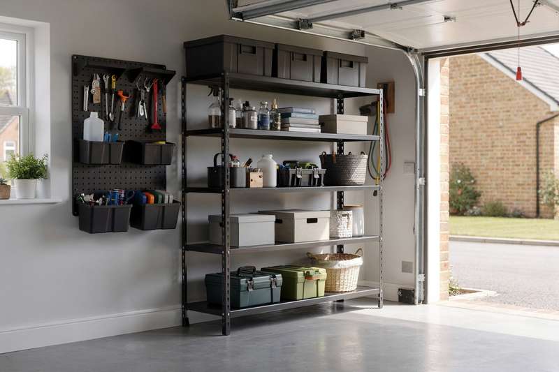 Ordnungsgemäß organisierte Garage mit Metallregalen an der Wand und strukturiertem Lagersystem für Werkzeuge und Materialien.