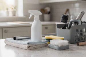 Frau reinigt eine glatte Küchenoberfläche mit modernem Reinigungstuch und Spray.