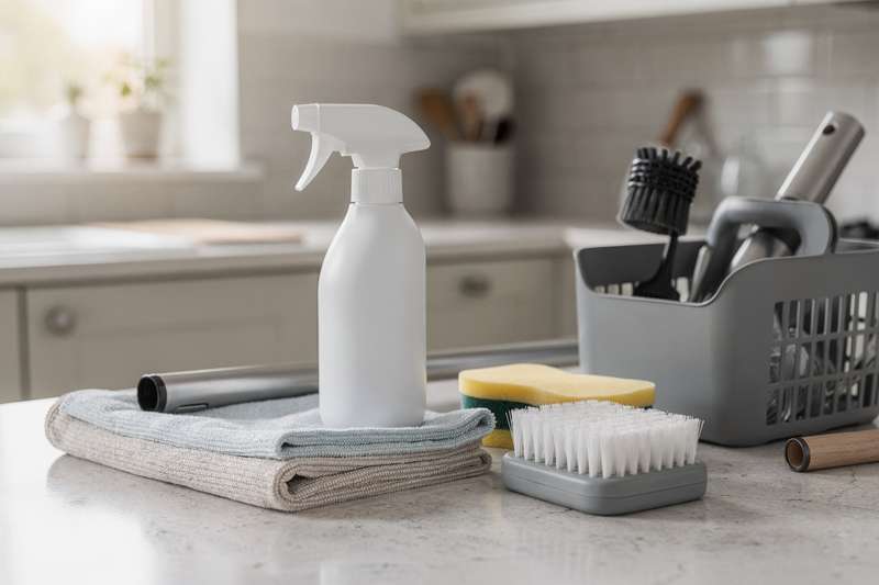 Frau reinigt eine glatte Küchenoberfläche mit modernem Reinigungstuch und Spray.
