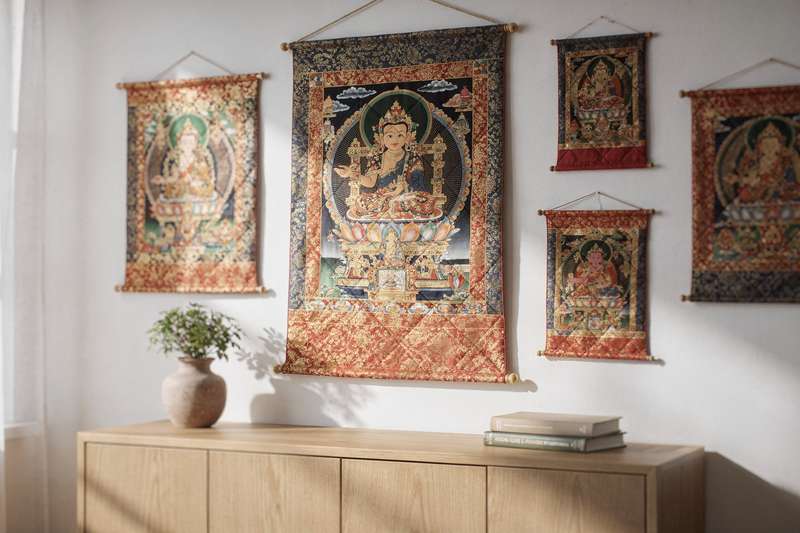 Tibetische Thangka-Malerei wird von Hand auf Stoff aufgezogen und an der Wand befestigt.