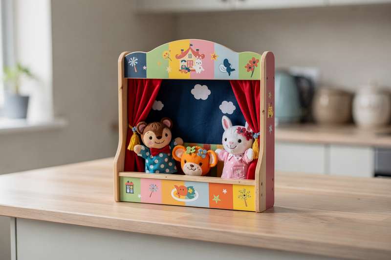 Kind spielt konzentriert mit bunten Handpuppen und erzählt eine Geschichte auf einer kleinen Puppenbühne.