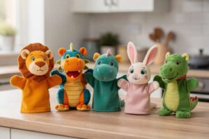 Kind spielt mit einer bunten Handpuppe und lacht dabei begeistert.