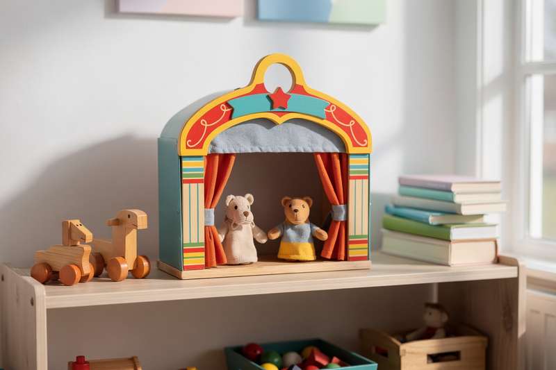 Ein Kind sitzt konzentriert vor einem bunten Puppentheater und manipuliert eine Handpuppe auf der Bühne.