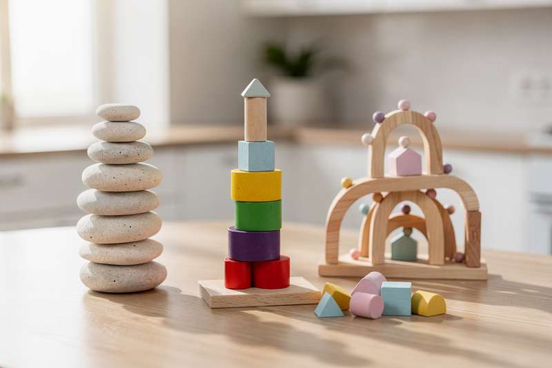 Familie sitzt gemeinsam am Tisch und stapelt konzentriert bunte Holzblöcke aufeinander, während andere Spieler gespannt zusehen.