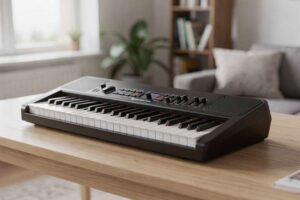 Anfängerin sitzt an einem schwarzen Keyboard und spielt konzentriert mit beiden Händen darauf.