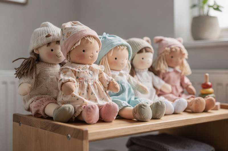 Kleinkind kuschelt mit einer weichen Stoffpuppe während es auf dem Wickeltisch liegt.