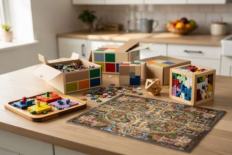 Erwachsener und Kind sitzen zusammen am Tisch und setzen konzentriert Puzzleteile zusammen.