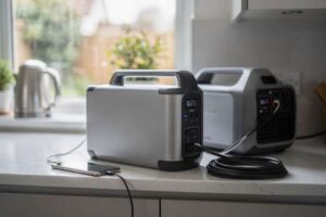Frau hält eine kompakte Powerstation in den Händen und lädt damit ihr Smartphone beim Campingausflug auf.
