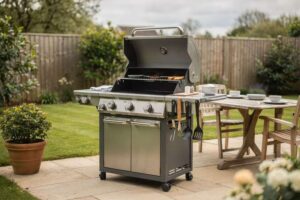 Familie grilt Fleisch und Gemüse auf einem modernen Gasgrill in gepflegtem Gartensetting bei Tageslicht.