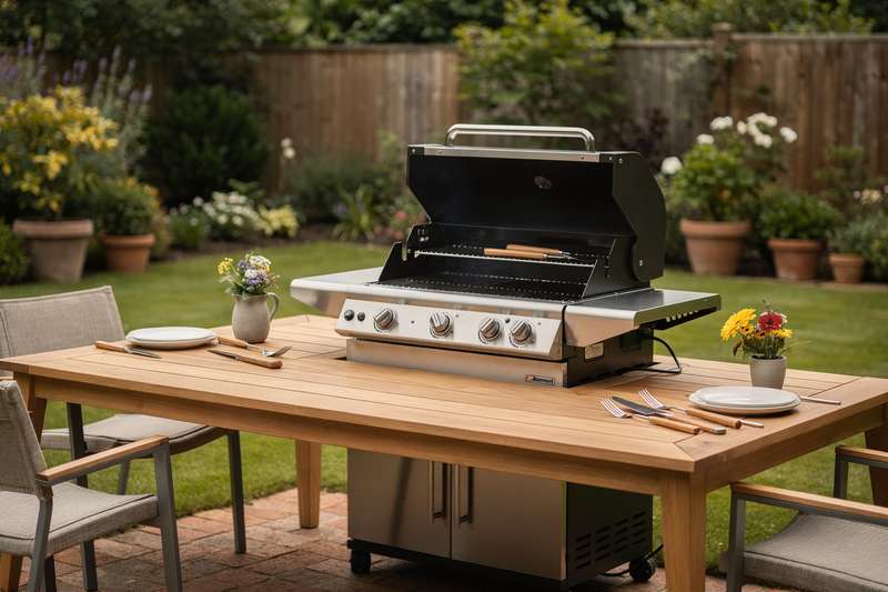 Eine Familie sitzt gemütlich um einen modernen Holzkohlegrill herum und genießt gegrillte Speisen im grünen Garten.