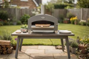 Familie sitzt gemeinsam an einem Tisch und genießt frisch gebackene Pizza aus dem Gartenofengarten.