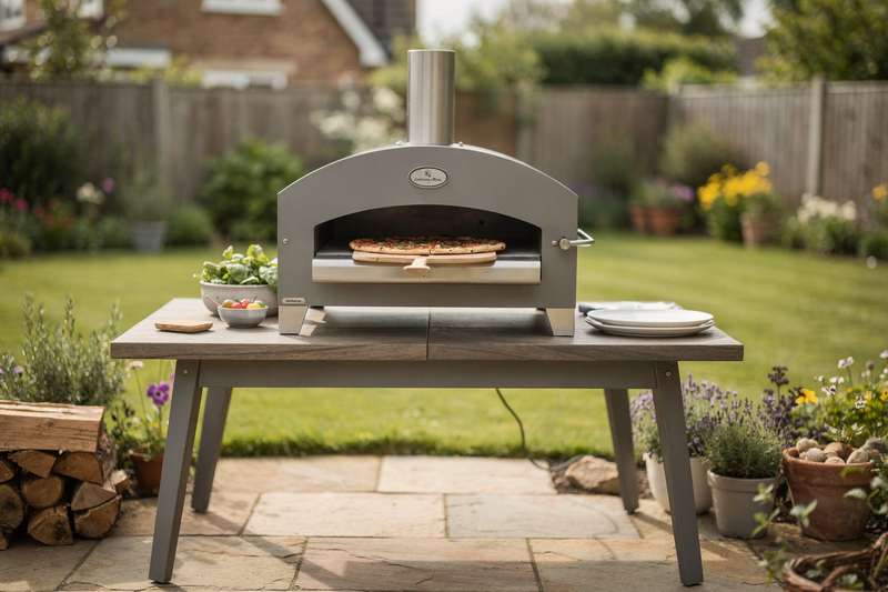 Familie sitzt gemeinsam an einem Tisch und genießt frisch gebackene Pizza aus dem Gartenofengarten.