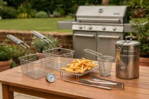 Mann befüllt eine Outdoor-Fritteuse mit Öl, während seine Familie im Hintergrund am Terrassentisch sitzt.