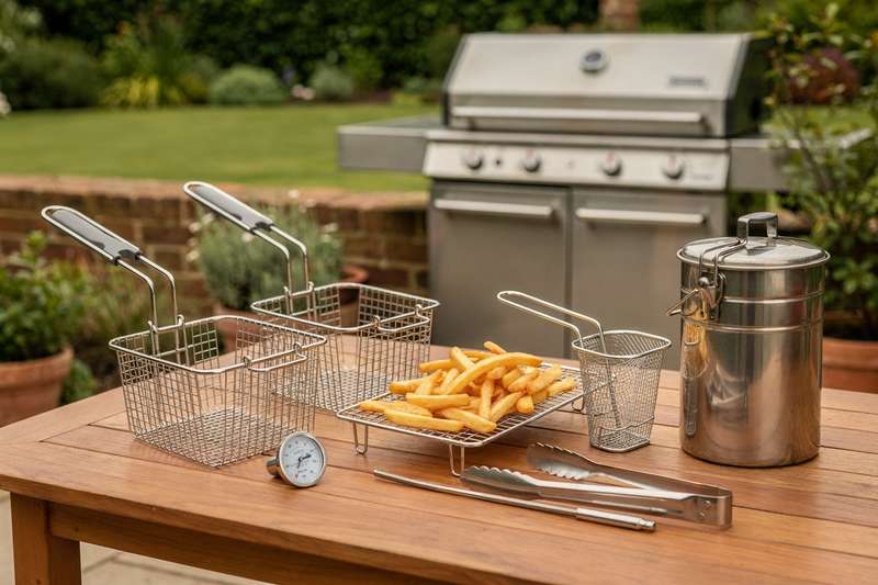 Mann befüllt eine Outdoor-Fritteuse mit Öl, während seine Familie im Hintergrund am Terrassentisch sitzt.