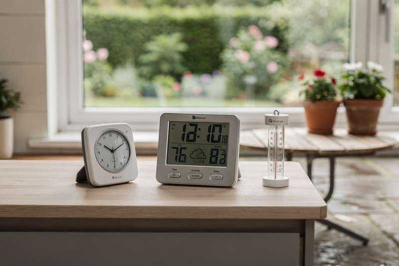 Frau prüft mit digitalem Thermometer die Temperatur von Gemüsepflanzen im Hochbeet.