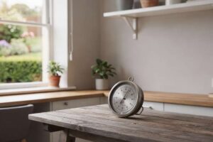 Eine Person hält ein analoges Barometer in der Hand und beobachtet den Zeiger zur Wettervorhersage im Wohnzimmer.