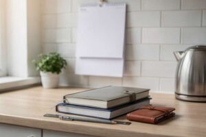 Frau sitzt am Schreibtisch und blättert in einem aufgeschlagenen Wandkalender neben ihrem Laptop.