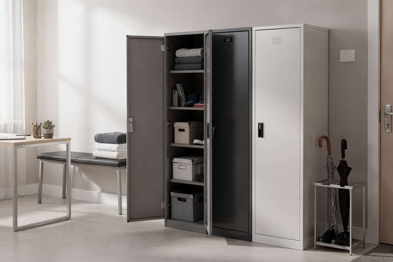Frau ordnet Sportausrüstung übersichtlich in einem hellen Wandschrank ein.