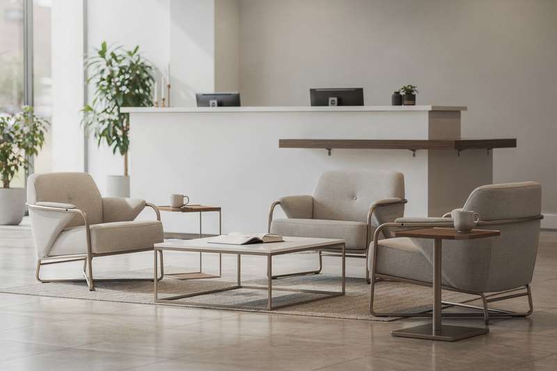 Empfangstheke aus Holz mit moderner Formgebung in hellem Büroambiente mit Besuchern.