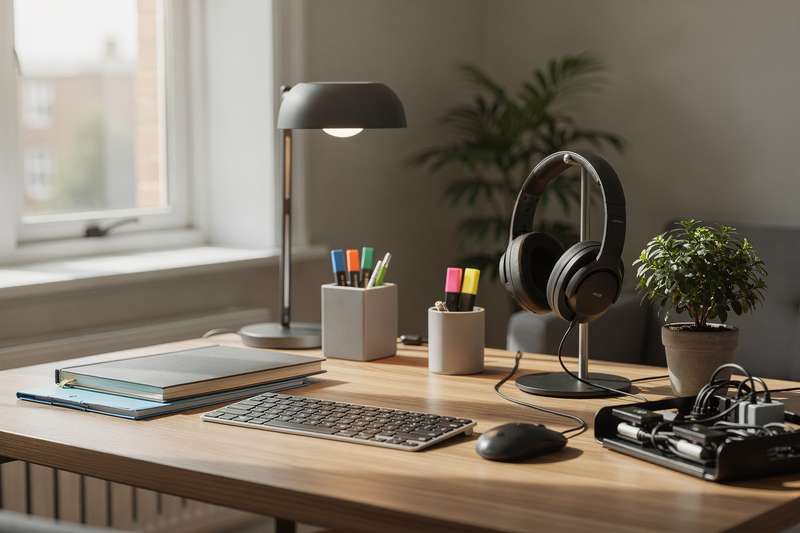Ordnungsgemäß organisierter Schreibtisch mit Stiftehalter, Notizbuch und Schreibtischlampe im hellen Homeoffice-Zimmer.